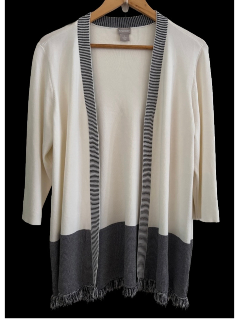 Chicos open cream & Gry colorblk cardgn 3/4 slv w fringe hem SZ 2 (12-L) preppy